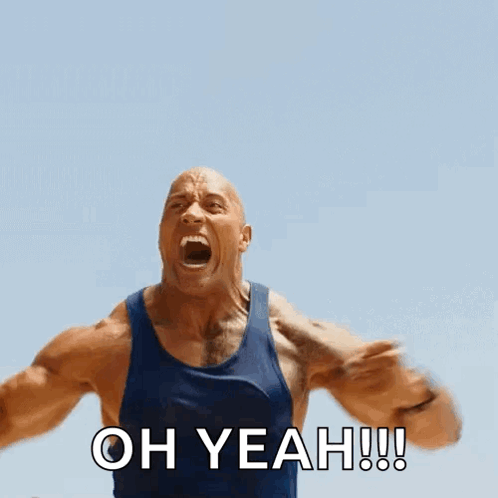 A Man In A Blue Tank Top Is Screaming With The Words Oh Yeah Written Above Him GIF