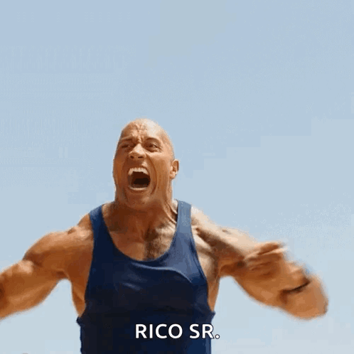 A Man In A Blue Tank Top Is Screaming With The Words Rico Sr. Written Below Him GIF