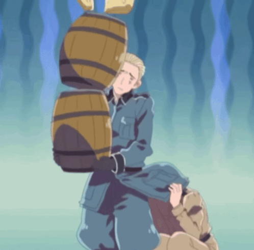 A Man In A Blue Uniform Is Carrying A Large Barrel GIF