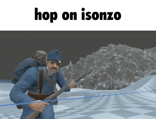 A Man In A Blue Uniform Is Holding A Rifle And The Words Hop On Isonzo Above Him GIF