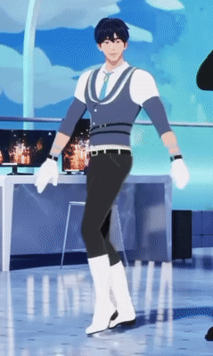 A Man In A Blue Vest And White Boots Is Standing On A Stage GIF