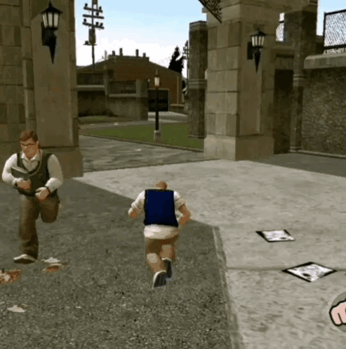 A Man In A Blue Vest Is Running Away From Another Man GIF