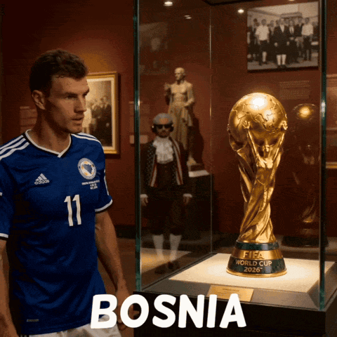 a man in a bosnia jersey stands in front of a fifa world cup