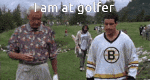 A Man In A Boston Bruins Jersey Is Standing Next To Another Man In A Golf Course . GIF
