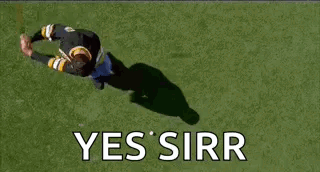 A Man In A Boston Bruins Jersey Is Standing On A Field With His Arms Outstretched And Screaming . GIF