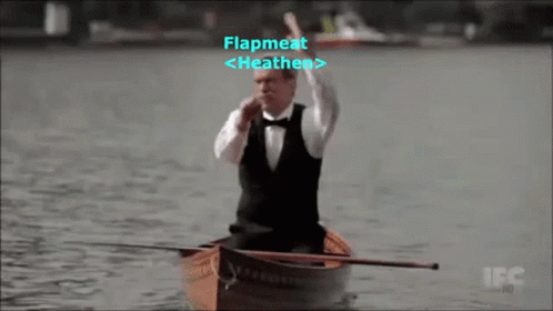 A Man In A Bow Tie Is In A Boat With The Words Flapmeat <Heathen > On The Screen GIF