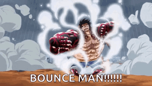 A Man In A Boxing Glove Is Flying Through The Air With The Words `` Bounce Man '' Written On The Bottom . GIF