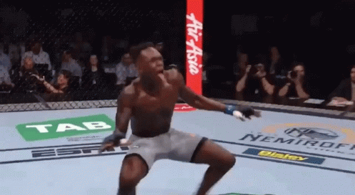A Man In A Boxing Ring With Ads For Tab And Nemiroff In The Background GIF