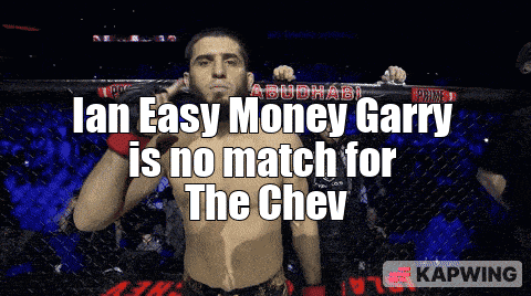 A Man In A Boxing Ring With The Words " Ian Easy Money Garry Is No Match For The Chev " GIF