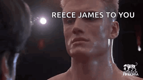 A Man In A Boxing Ring With The Words `` Reece James To You '' Written On The Bottom Of His Face . GIF