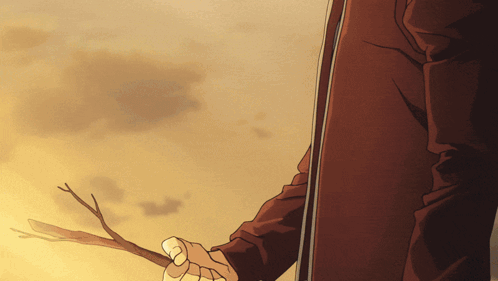 A Man In A Brown Coat Is Holding A Stick In His Right Hand GIF