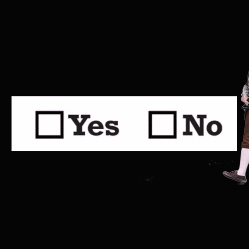 A Man In A Brown Coat Stands In Front Of A Yes Or No Sign GIF