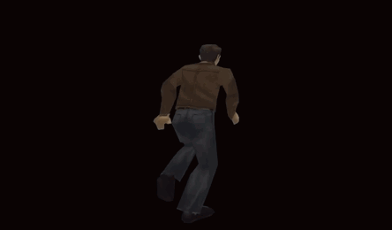 A Man In A Brown Jacket And Black Pants Is Running In The Dark GIF