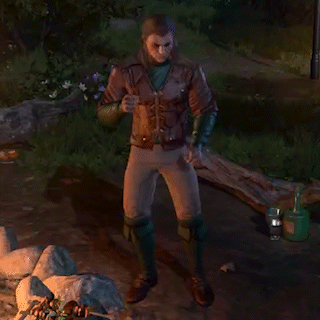 Man In Brown Jacket And Green Knee Pads By Fire GIF