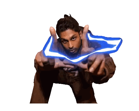a man in a brown jacket is pointing at the camera with a blue light coming out of his hands