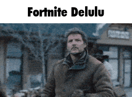 A Man In A Brown Jacket Is Standing In Front Of A Building With The Words Fortnite Delulu On It GIF