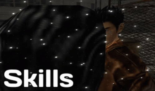 A Man In A Brown Jacket Is Standing In Front Of The Words Skills GIF