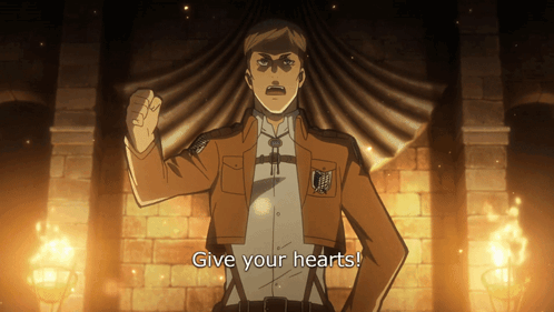 A Man In A Brown Jacket Stands In Front Of A Brick Wall And Says " Give Your Hearts " GIF