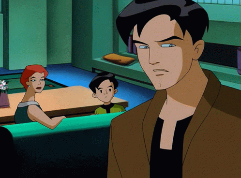A Man In A Brown Jacket Stands In Front Of A Woman And A Boy In A Cartoon Scene GIF