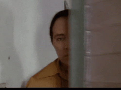 A Man In A Brown Shirt Is Smiling In A Room . GIF