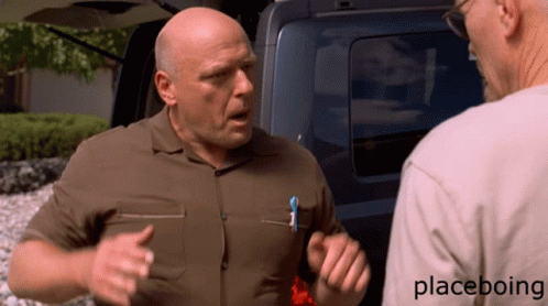 A Man In A Brown Shirt Is Talking To Another Man In A White Shirt With Placeboing Written On The Bottom GIF