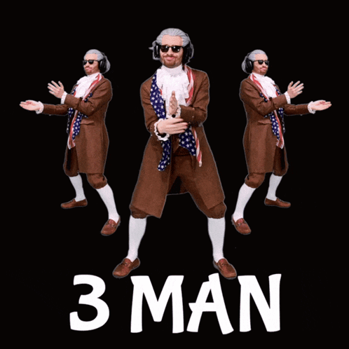A Man In A Brown Suit And White Socks Is Dancing With The Words 3 Man Behind Him GIF