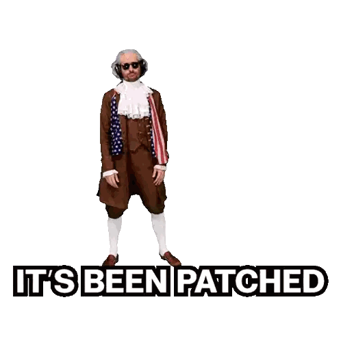 a man in a brown suit holding a bandage with the words it 's been patched below him