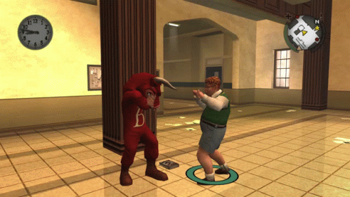 A Man In A Bull Costume Stands Next To Another Man In A Green Vest GIF