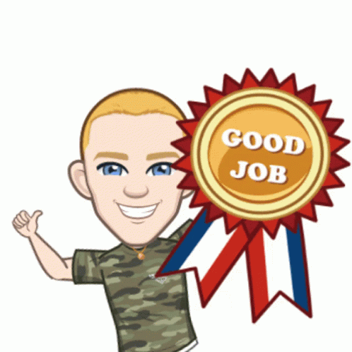 A Man In A Camo Shirt Holds Up A Good Job Ribbon GIF