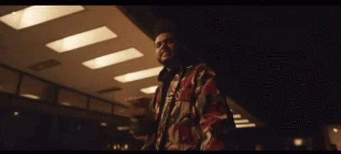 A Man In A Camouflage Jacket Is Standing In A Dark Room With A Ceiling Light . GIF