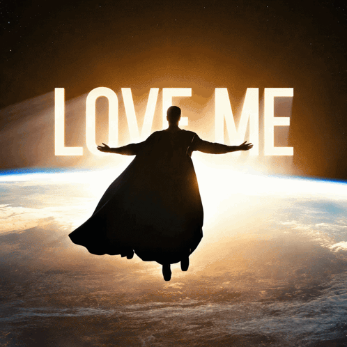a man in a cape is flying over the earth and the words love me are behind him
