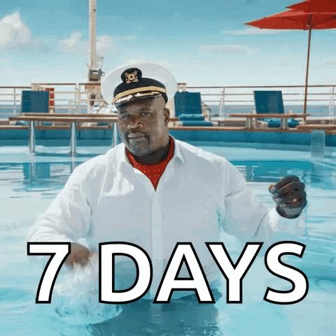 A Man In A Captain 'S Hat Is Standing In A Swimming Pool With The Words 7 Days Below Him GIF