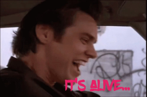 A Man In A Car With The Words It 'S Alive In Pink GIF