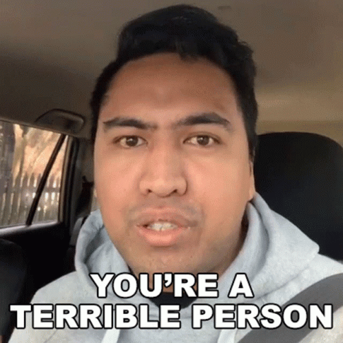 A Man In A Car With The Words " You 'Re A Terrible Person " Above Him GIF
