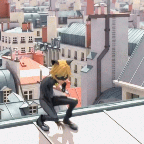 a man in a cat suit is kneeling on a rooftop with a city in the background