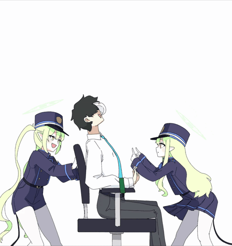 A Man In A Chair Is Surrounded By Two Girls In Uniform GIF
