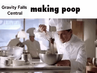 A Man In A Chef 'S Hat Is Pouring Chocolate Into A Bowl In A Kitchen . GIF