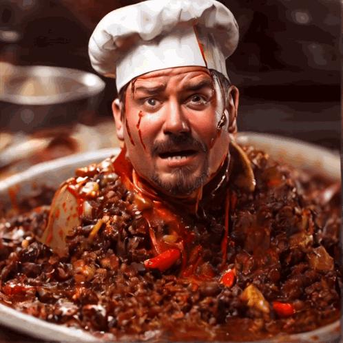 A Man In A Chef 'S Hat With His Head In A Pan Of Food GIF