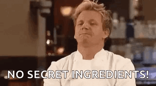 A Man In A Chef 'S Uniform Is Making A Funny Face And Says `` No Secret Ingredients ! '' GIF