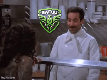 A Man In A Chef 'S Uniform Stands In Front Of A Sign That Says " Safuu " GIF