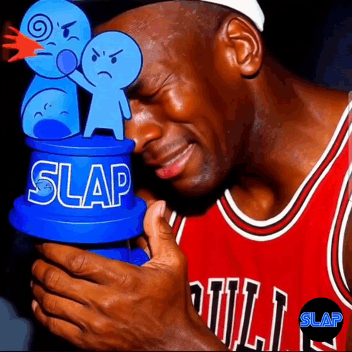 A Man In A Chicago Bulls Jersey Holds A Trophy That Says Slap On It GIF