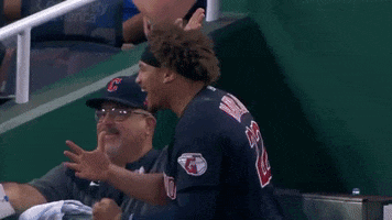 A Man In A Cleveland Jersey Is Sitting In The Stands GIF
