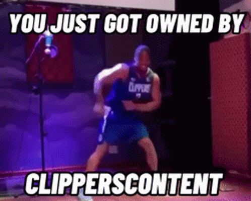 A Man In A Clippers Jersey Is Dancing In Front Of A Microphone With The Caption You Just Got Owned By Clipperscontent GIF
