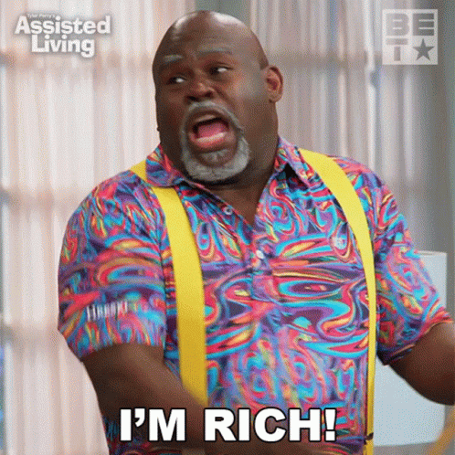 A Man In A Colorful Shirt And Yellow Suspenders Says I 'M Rich GIF