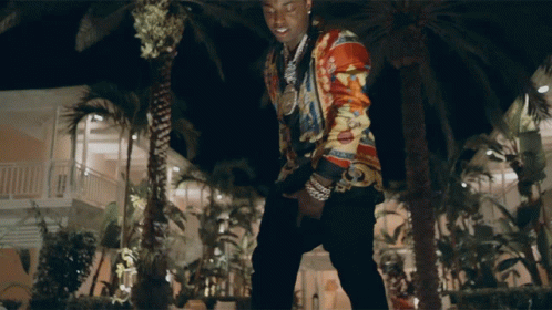 A Man In A Colorful Shirt Stands In Front Of Palm Trees At Night GIF