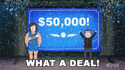 A Man In A Colts Jersey Stands In Front Of A Sign That Reads $ 50,000 GIF