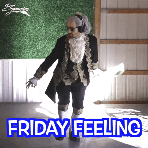 A Man In A Costume Is Dancing In Front Of A Sign That Says " Friday Feeling " GIF