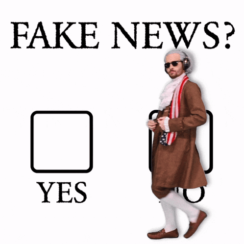 A Man In A Costume Is Standing Next To A Check Mark That Says Fake News GIF