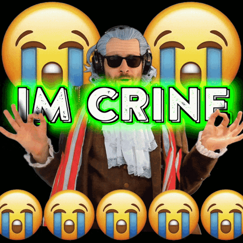 A Man In A Costume With Tears Coming Out Of His Eyes Is Surrounded By Crying Emojis And The Words Im Crine GIF