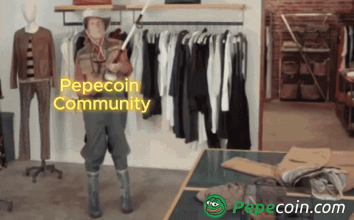 A Man In A Cowboy Hat Holding A Fishing Rod In A Store With Pepecoin Community Written On The Screen GIF